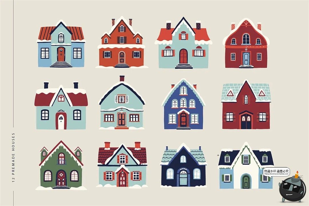 图片[3]-北欧冬季圣诞节新年房屋建筑花卉植物手绘插图插画AI矢量PNG素材-设计猿