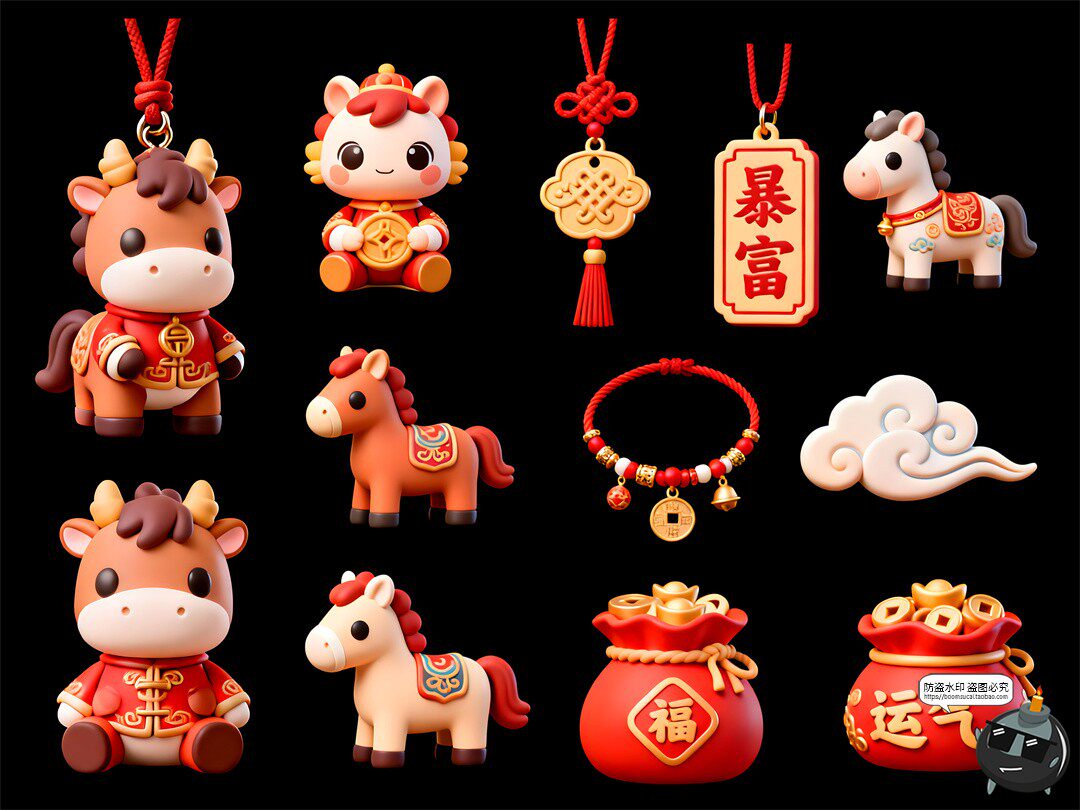 图片[1]-2026新年马年元素3D卡通鞭炮福字灯笼锦鲤PSD素材-设计猿