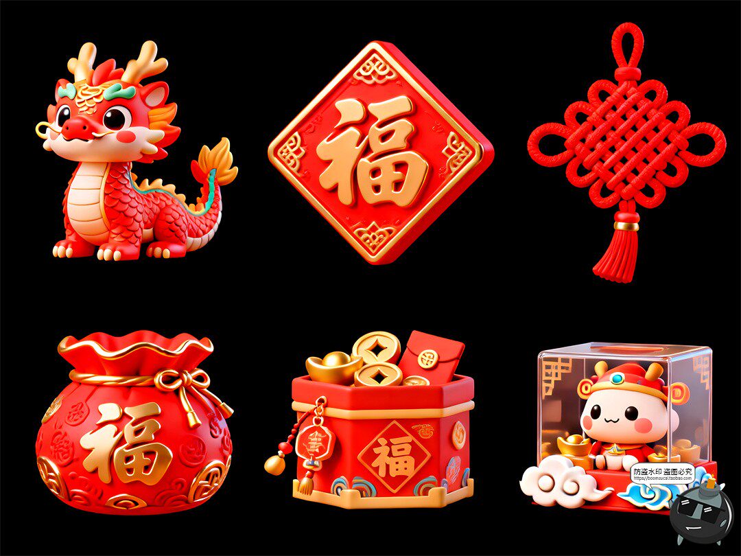 图片[3]-2026新年马年元素3D卡通鞭炮福字灯笼锦鲤PSD素材-设计猿