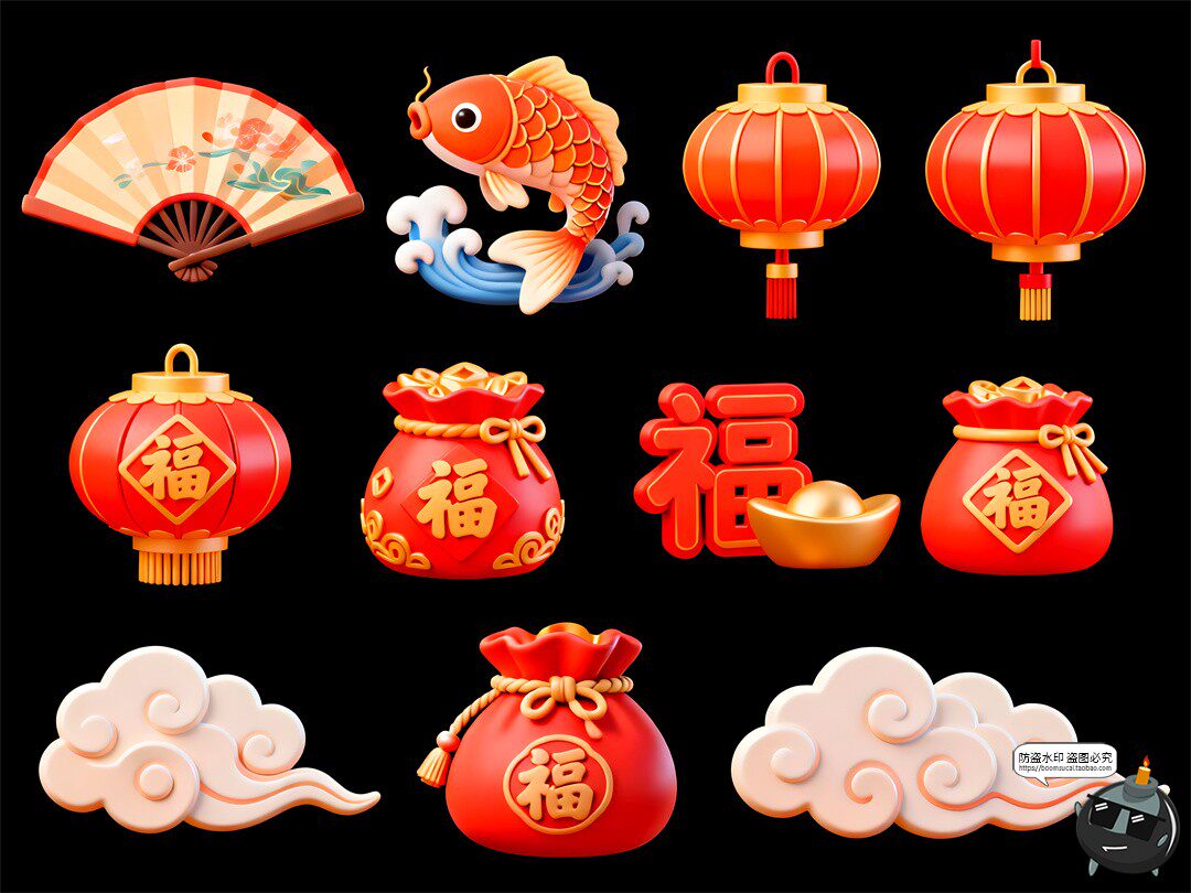 图片[5]-2026新年马年元素3D卡通鞭炮福字灯笼锦鲤PSD素材-设计猿