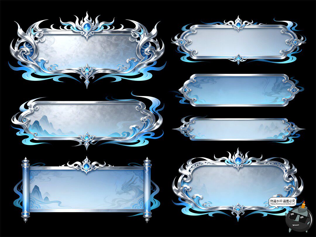 图片[1]-游戏古风界面UI标题框玄幻银蓝色调游戏风PSD素材-设计猿