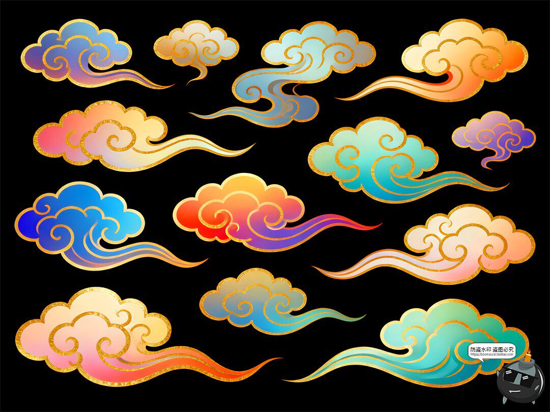 图片[2]-七彩祥云合集渐变卡通鎏金金色描边装饰PSD素材图-设计猿