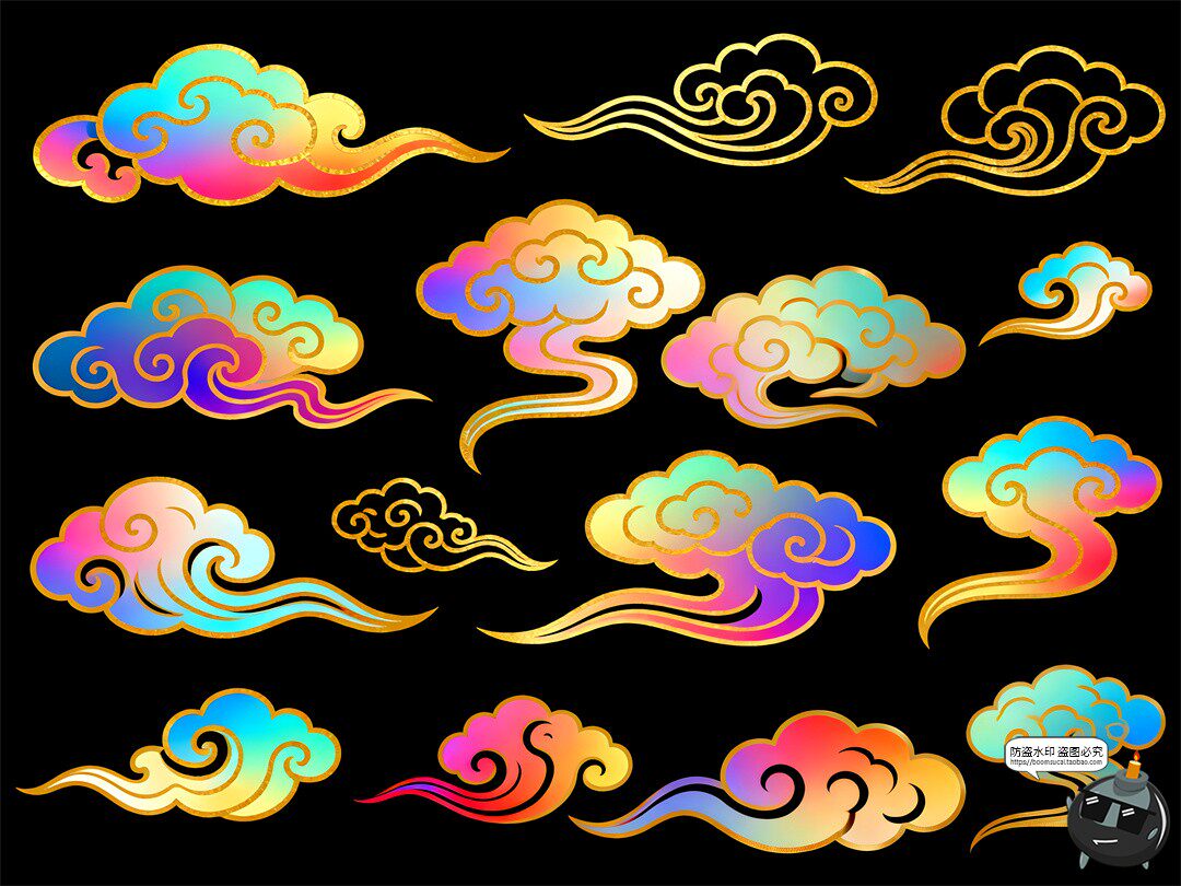 图片[3]-七彩祥云合集渐变卡通鎏金金色描边装饰PSD素材图-设计猿