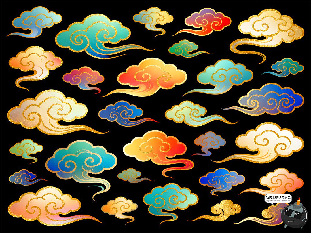 图片[4]-七彩祥云合集渐变卡通鎏金金色描边装饰PSD素材图-设计猿