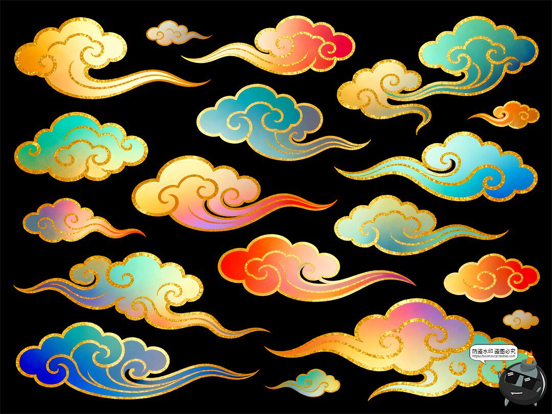 图片[6]-七彩祥云合集渐变卡通鎏金金色描边装饰PSD素材图-设计猿