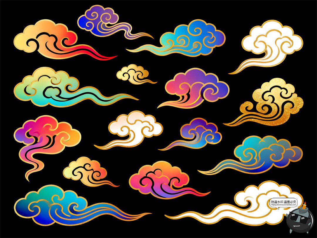 图片[7]-七彩祥云合集渐变卡通鎏金金色描边装饰PSD素材图-设计猿