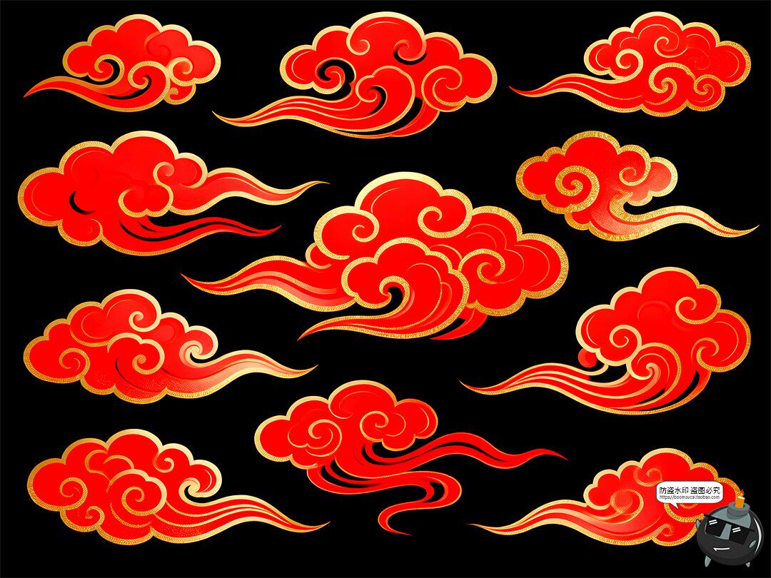 古风祥云合集祥金色描边喜庆鎏金金箔风PSD素材图-设计猿