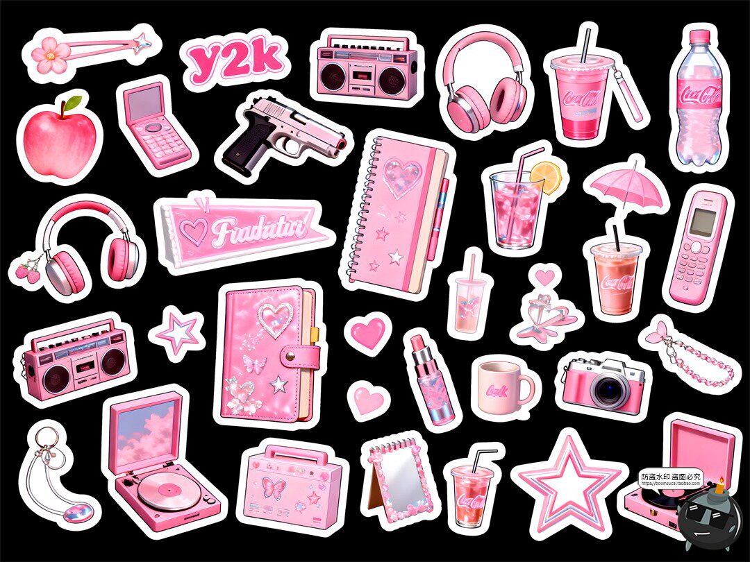 Y2K粉色风格手账贴纸道具白色描边清新氛围PSD素材-设计猿