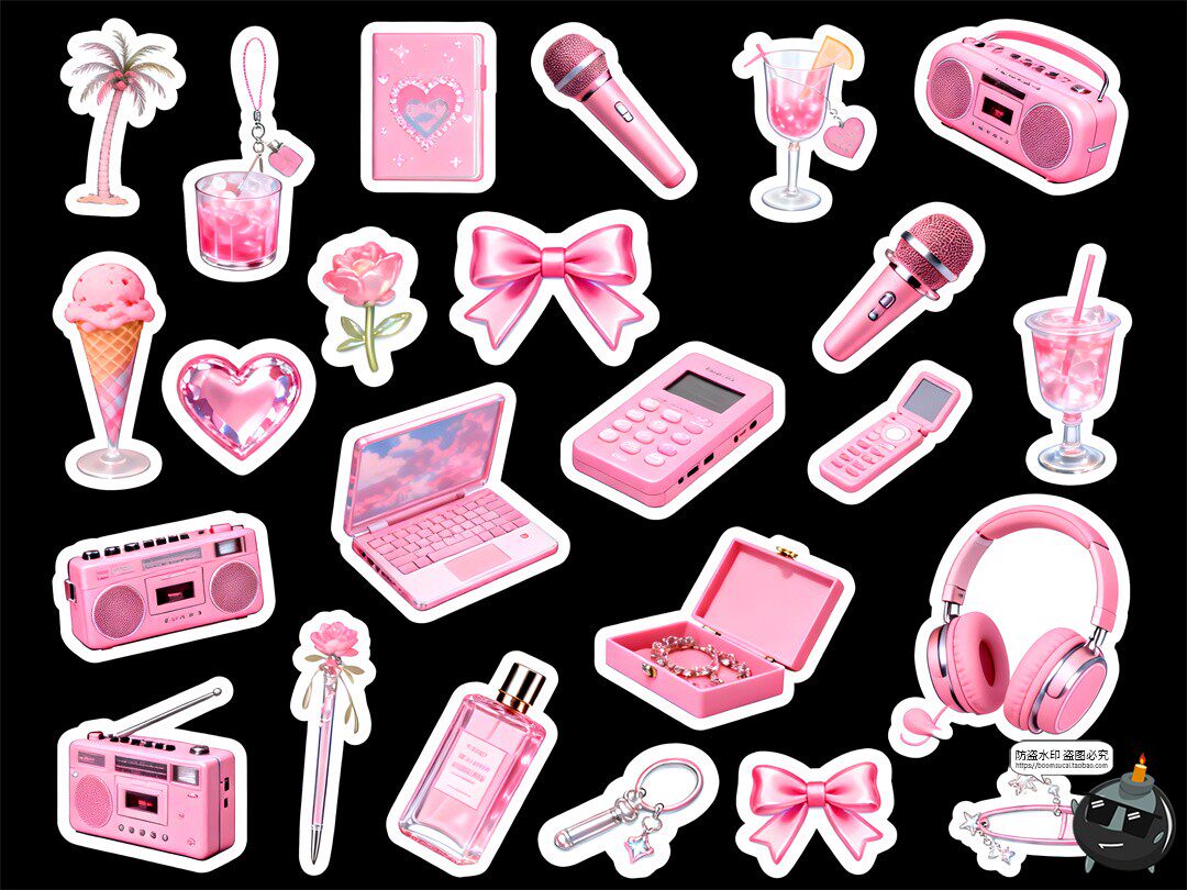图片[3]-Y2K粉色风格手账贴纸道具白色描边清新氛围PSD素材-设计猿