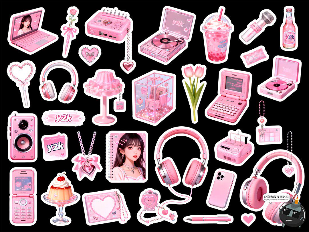 图片[7]-Y2K粉色风格手账贴纸道具白色描边清新氛围PSD素材-设计猿
