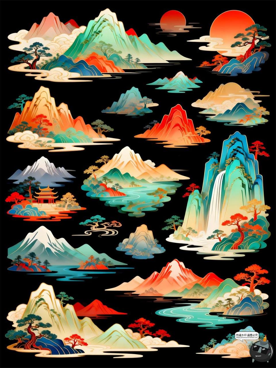 图片[1]-国潮山水仿古新中式风景画迎客松元素PSD模板素材-设计猿