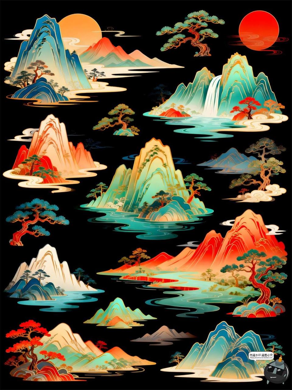 图片[2]-国潮山水仿古新中式风景画迎客松元素PSD模板素材-设计猿