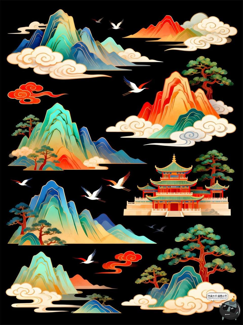 图片[5]-国潮山水仿古新中式风景画迎客松元素PSD模板素材-设计猿