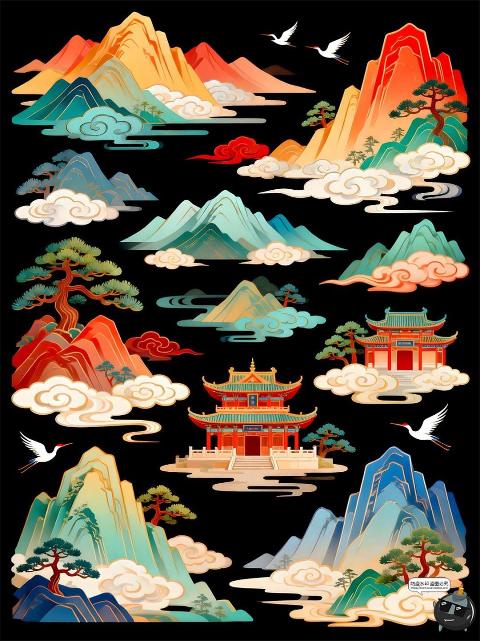 图片[6]-国潮山水仿古新中式风景画迎客松元素PSD模板素材-设计猿