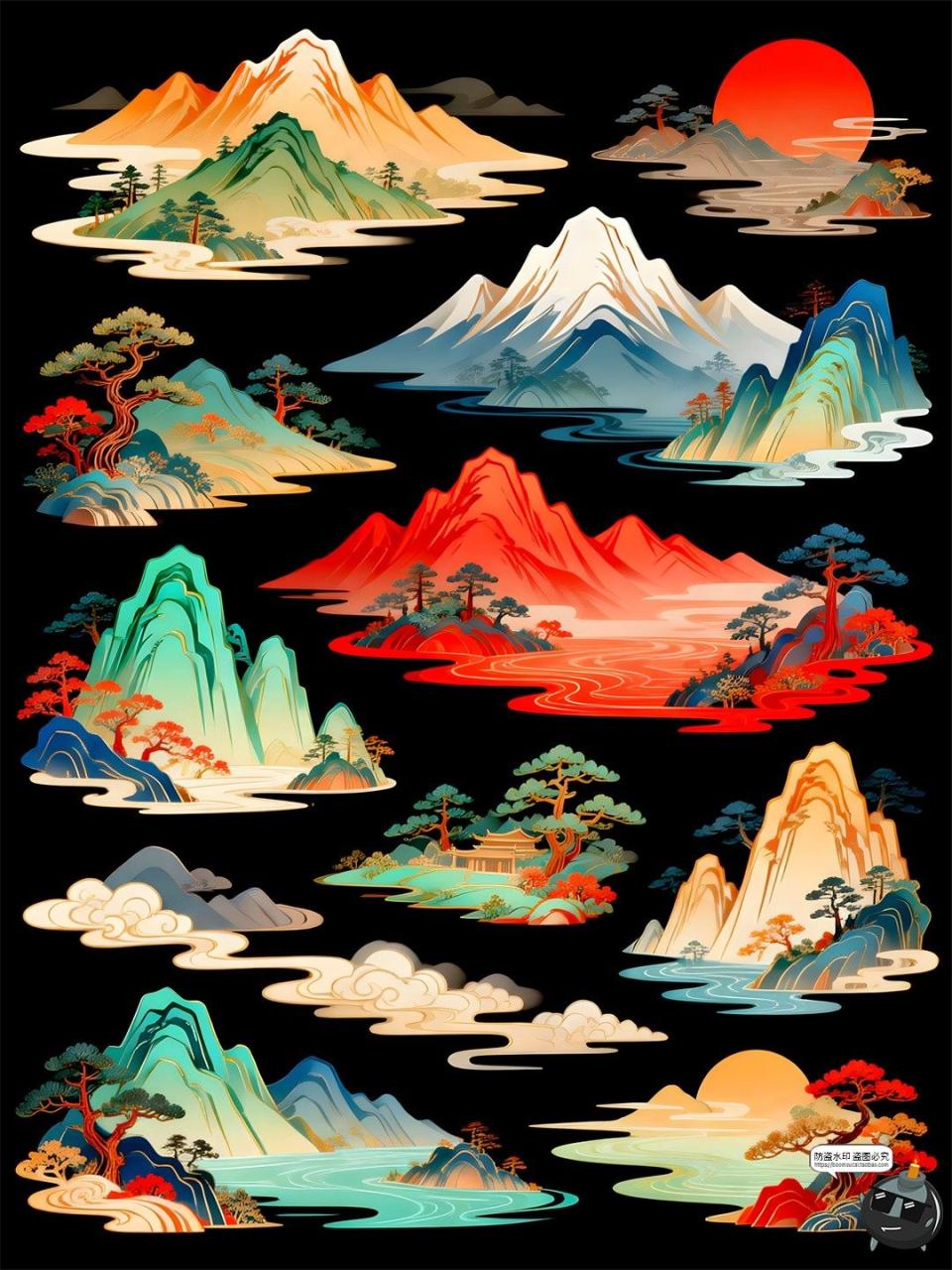 图片[7]-国潮山水仿古新中式风景画迎客松元素PSD模板素材-设计猿