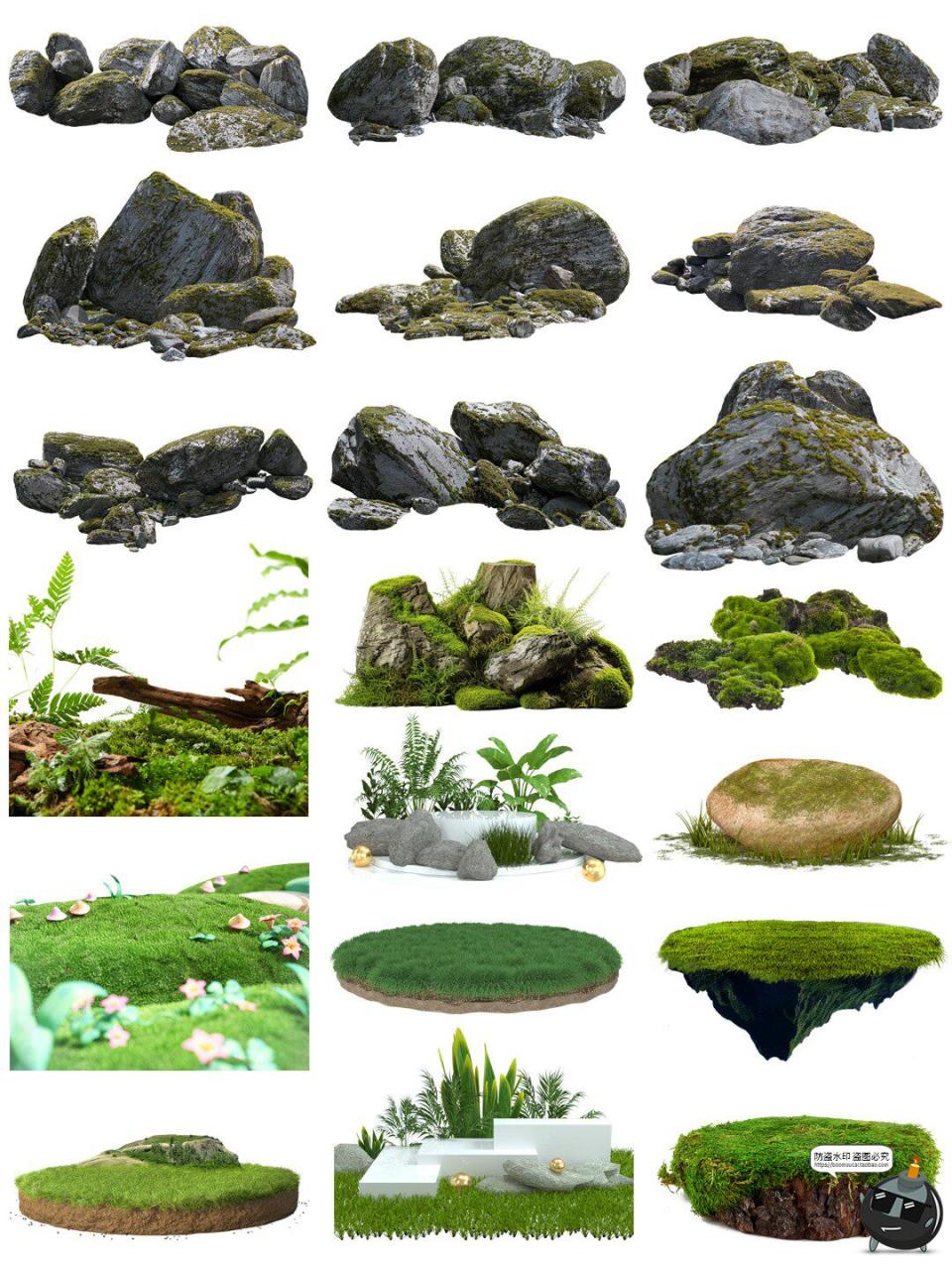 图片[1]-青草青苔石头产品展台海报电商主图宣传底座PNG透明底免抠素材图-设计猿