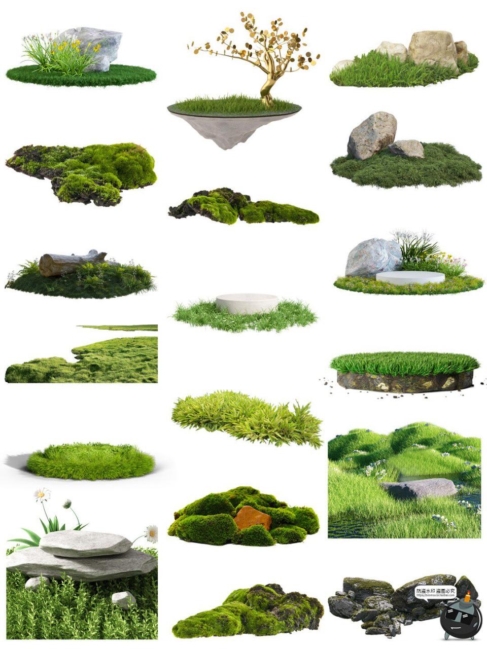 青草青苔石头产品展台海报电商主图宣传底座PNG透明底免抠素材图-设计猿