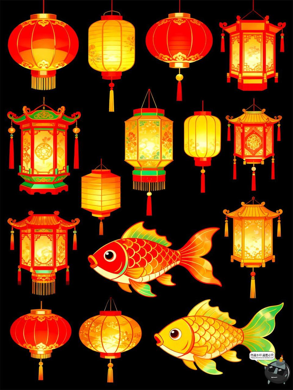 图片[2]-【原创可商用】国潮中式仿古灯笼元素插画图案手绘风PSD模板素材-设计猿