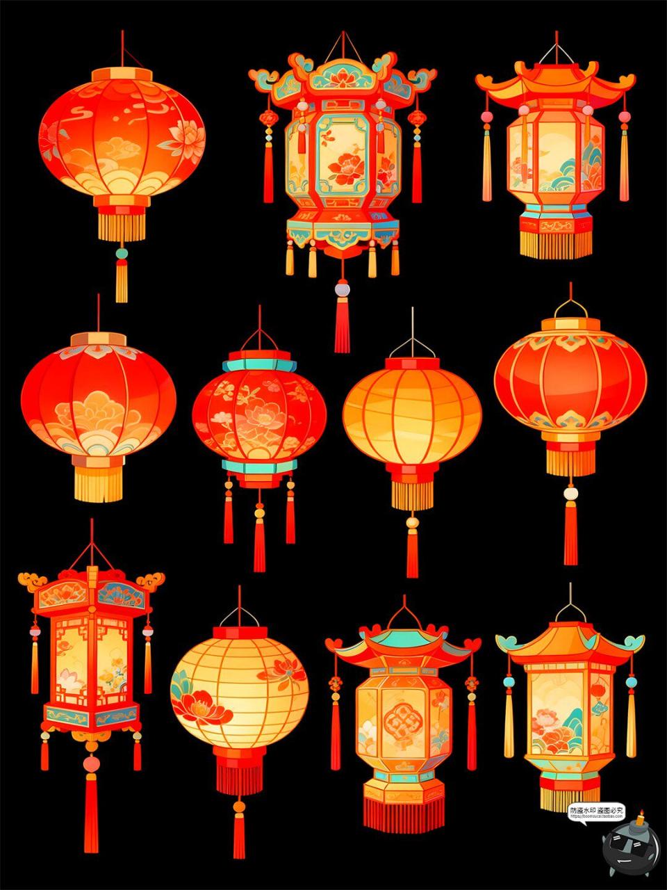 图片[5]-【原创可商用】国潮中式仿古灯笼元素插画图案手绘风PSD模板素材-设计猿