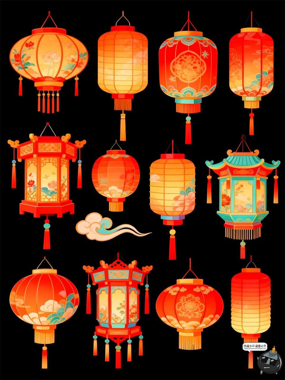 图片[8]-【原创可商用】国潮中式仿古灯笼元素插画图案手绘风PSD模板素材-设计猿