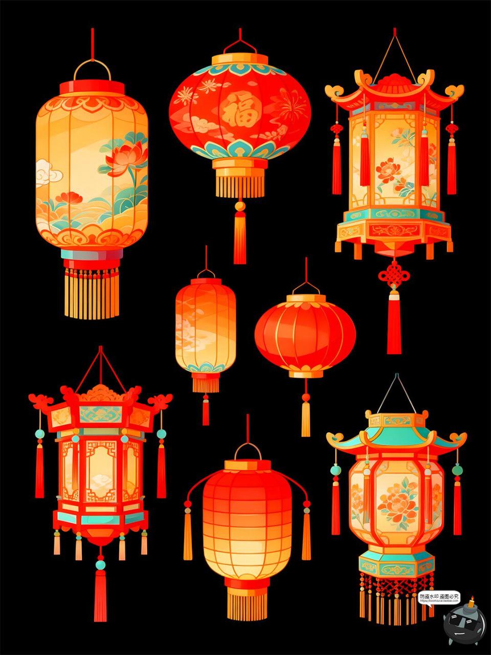 【原创可商用】国潮中式仿古灯笼元素插画图案手绘风PSD模板素材-设计猿