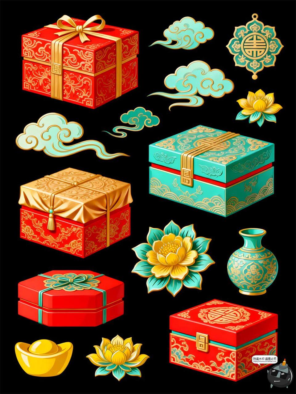 图片[2]-【原创可商用】国潮礼盒手绘风仿古元素喜庆包装立体PSD模板素材-设计猿