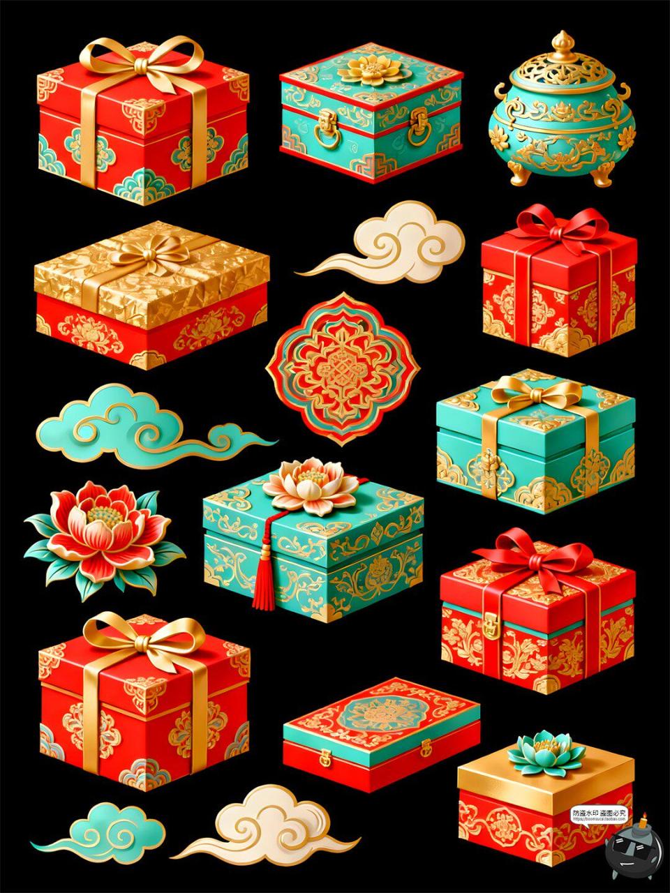图片[3]-【原创可商用】国潮礼盒手绘风仿古元素喜庆包装立体PSD模板素材-设计猿