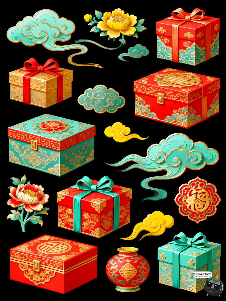 图片[4]-【原创可商用】国潮礼盒手绘风仿古元素喜庆包装立体PSD模板素材-设计猿