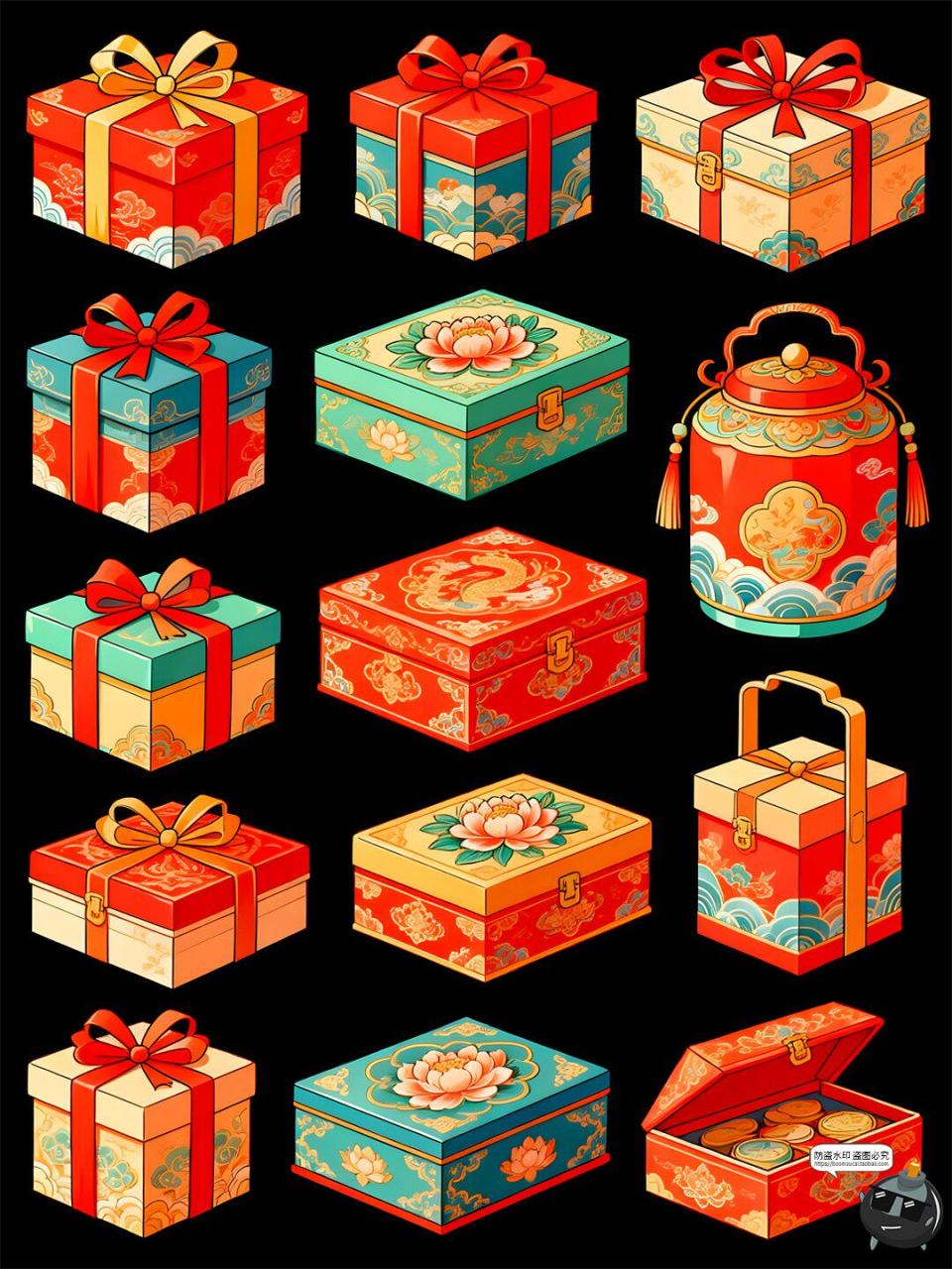 图片[5]-【原创可商用】国潮礼盒手绘风仿古元素喜庆包装立体PSD模板素材-设计猿