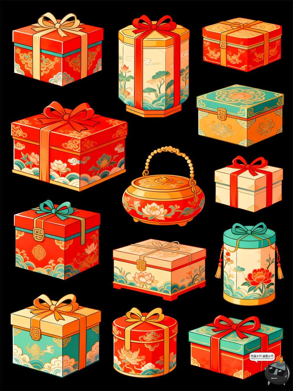 图片[6]-【原创可商用】国潮礼盒手绘风仿古元素喜庆包装立体PSD模板素材-设计猿