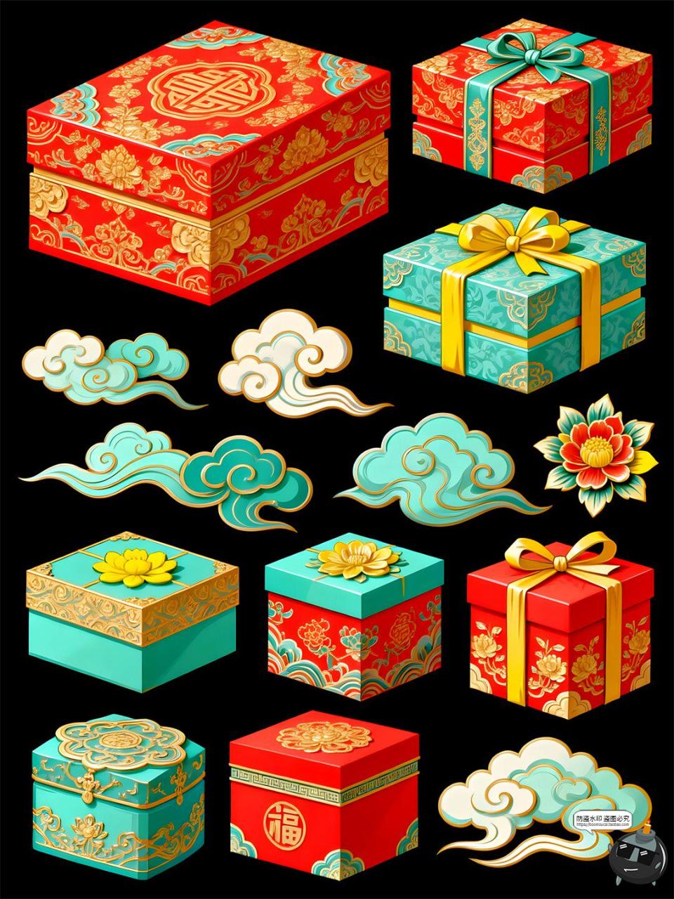 图片[7]-【原创可商用】国潮礼盒手绘风仿古元素喜庆包装立体PSD模板素材-设计猿