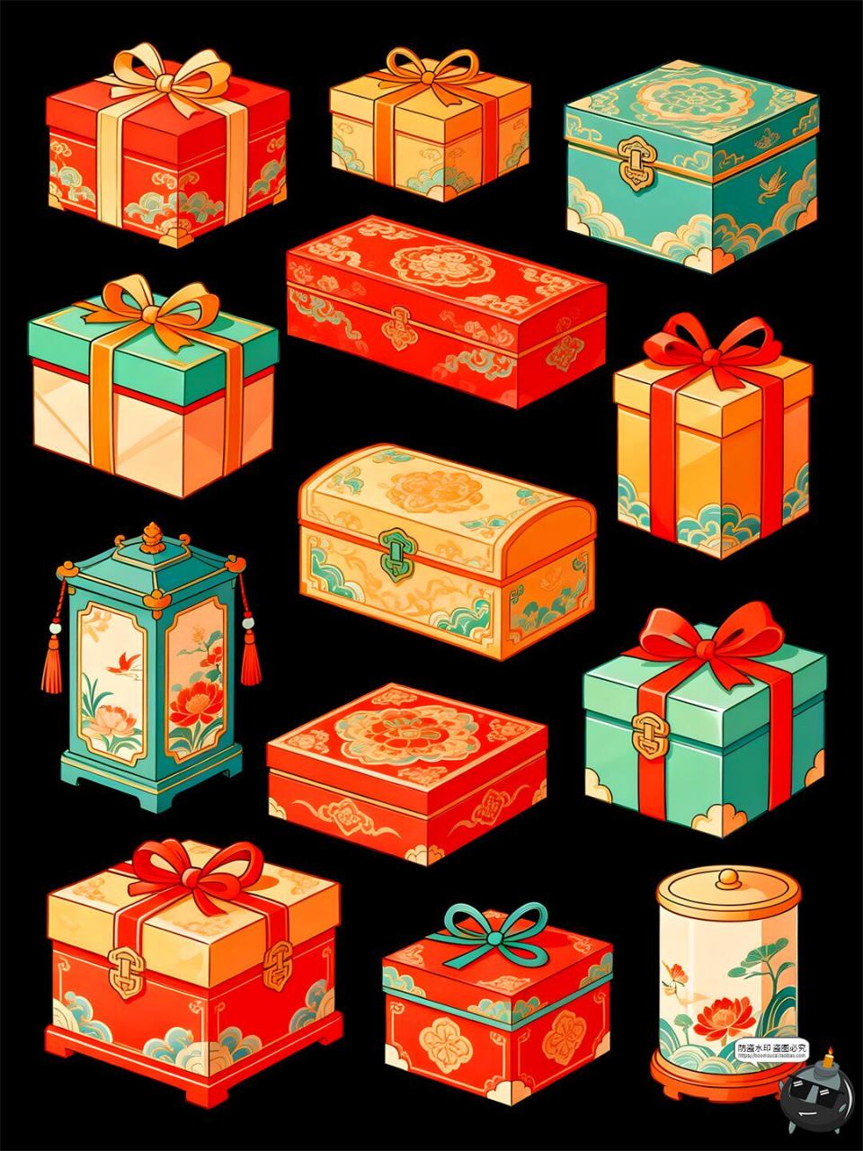 图片[8]-【原创可商用】国潮礼盒手绘风仿古元素喜庆包装立体PSD模板素材-设计猿