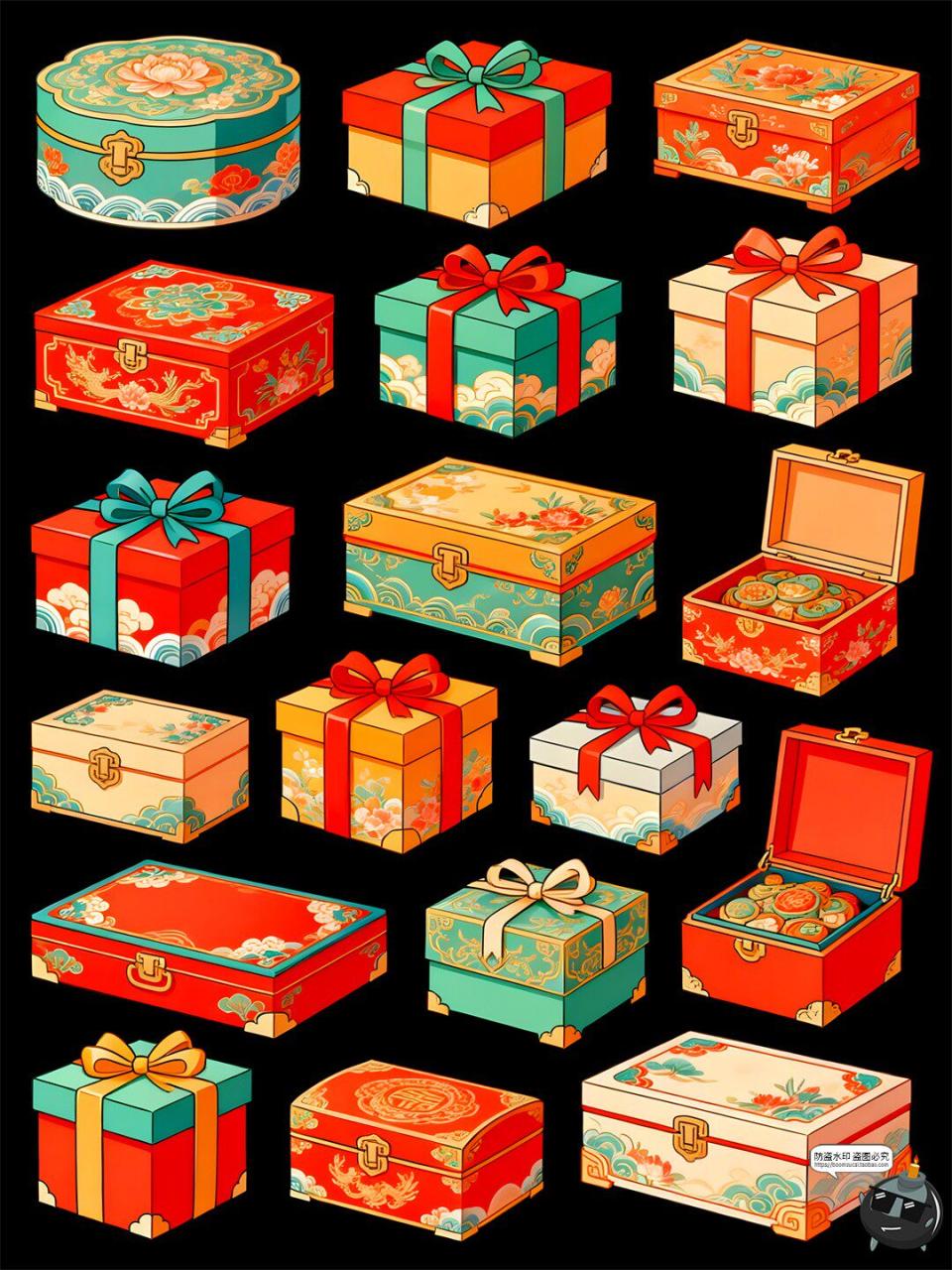 【原创可商用】国潮礼盒手绘风仿古元素喜庆包装立体PSD模板素材-设计猿