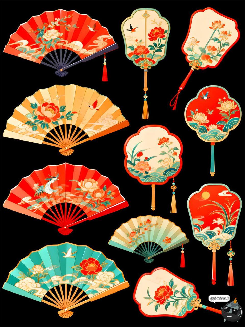 【原创可商用】国潮风扇子中式仿古元素手绘风PSD模板插画素材图-设计猿