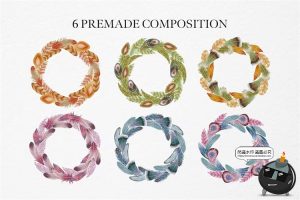 波西米亚乡村水彩优雅羽毛插图无缝拼接图案插画PNG免抠图片素材-设计猿