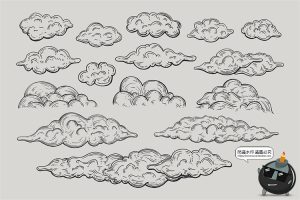 复古美式树木森林山脉云朵太阳月亮黑白手绘插画图AI矢量PNG素材-设计猿