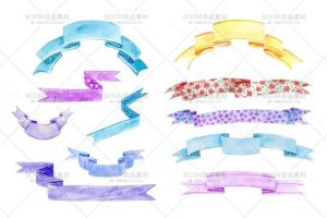 唯美手绘水彩飘带蝴蝶结装饰带彩带卡通标题框免抠PNG设计PS素材-设计猿