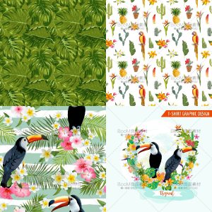 清新绿色热带雨林风花朵植物叶子火烈鸟背景图案印刷AI矢量素材-设计猿