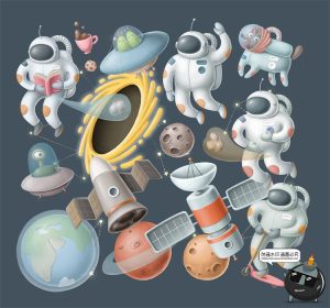 手绘水彩太空宇航员手账剪贴画插画PNG免抠PSD模板背景图案素材-设计猿