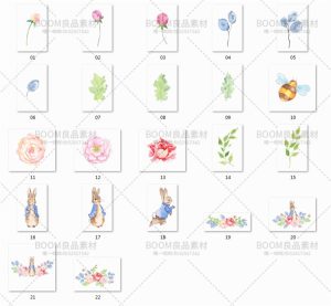 唯美手绘水彩花朵花束蜜蜂兔子印刷免扣PNG婚礼请柬贺卡设计素材-设计猿