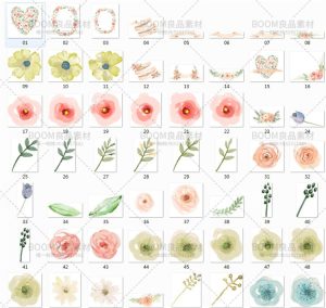 唯美手绘水彩花卉手账叶子鹿角图案婚礼请柬贺PNG免扣PS设计素材-设计猿