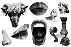 潮流复古半调复古黑白故障风嘴唇拼贴插画图片AI矢量PNG免抠素材-设计猿