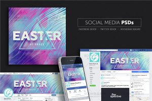 时尚简约涂鸦渐变线条复活节元素海报Banner设计素材PSD模板素材-设计猿