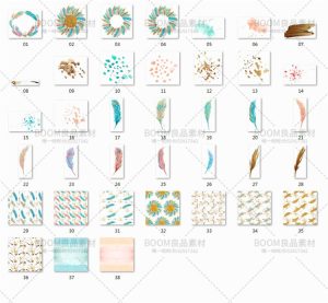 唯美水彩风手绘孔雀羽毛花环墨迹婚礼请柬海报元素PNG免扣PS素材-设计猿