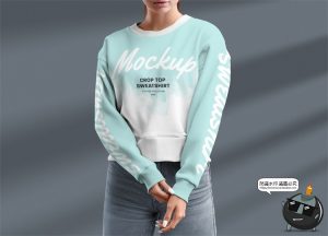 女款长袖圆领套头宽松休闲运动卫衣模特展示效果图PSD样机PS素材-设计猿