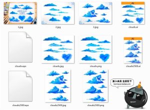 水彩手绘小清新云朵蓝云图案装饰天空元素手账插画AI矢量设计素材-设计猿