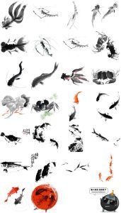 水墨中国风鱼荷花锦鱼鲤鱼彩色太极鱼画鱼元素PNG免抠设计PS素材-设计猿