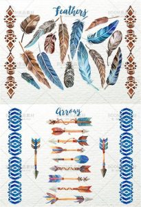 唯美手绘水彩花朵羽毛部落元素邀请卡片印刷图案PNG免抠PS素材-设计猿