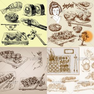 复古食物寿司手绘饭团线稿紫菜饭团海报元素菜单AI矢量后期素材-设计猿