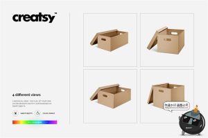 牛皮瓦楞纸箱打包快递盒手提天地盖贴图产品包装样机PSD模板素材-设计猿